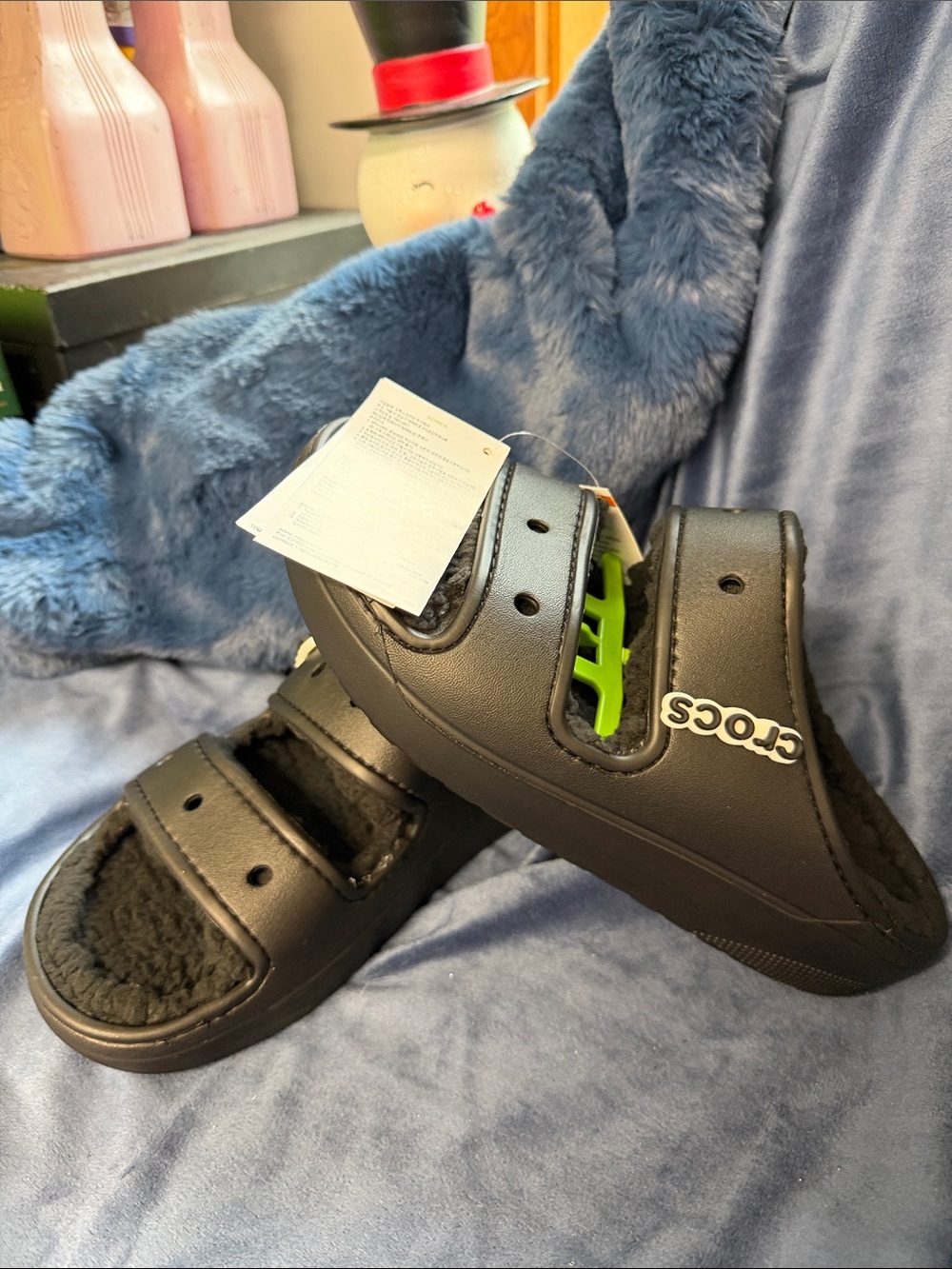 CROCS Black Fuzzy Slide Clogs with Green Accent